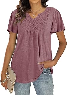 Sponsored Ad - Wenrine Women's Summer Tops Flared Sleeve Notch Neck T-Shirts Crochet Detail Casual Loose Fit Top Tees