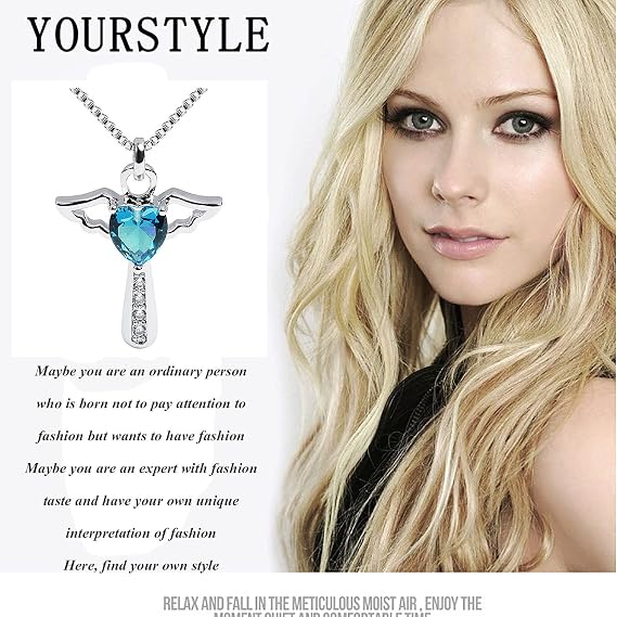 Birthstone Cross Necklace Crystal Angel Wing Pendant Necklace Chain Heart Charm Jewelry for Women Girls Mom Gifts (Blue)