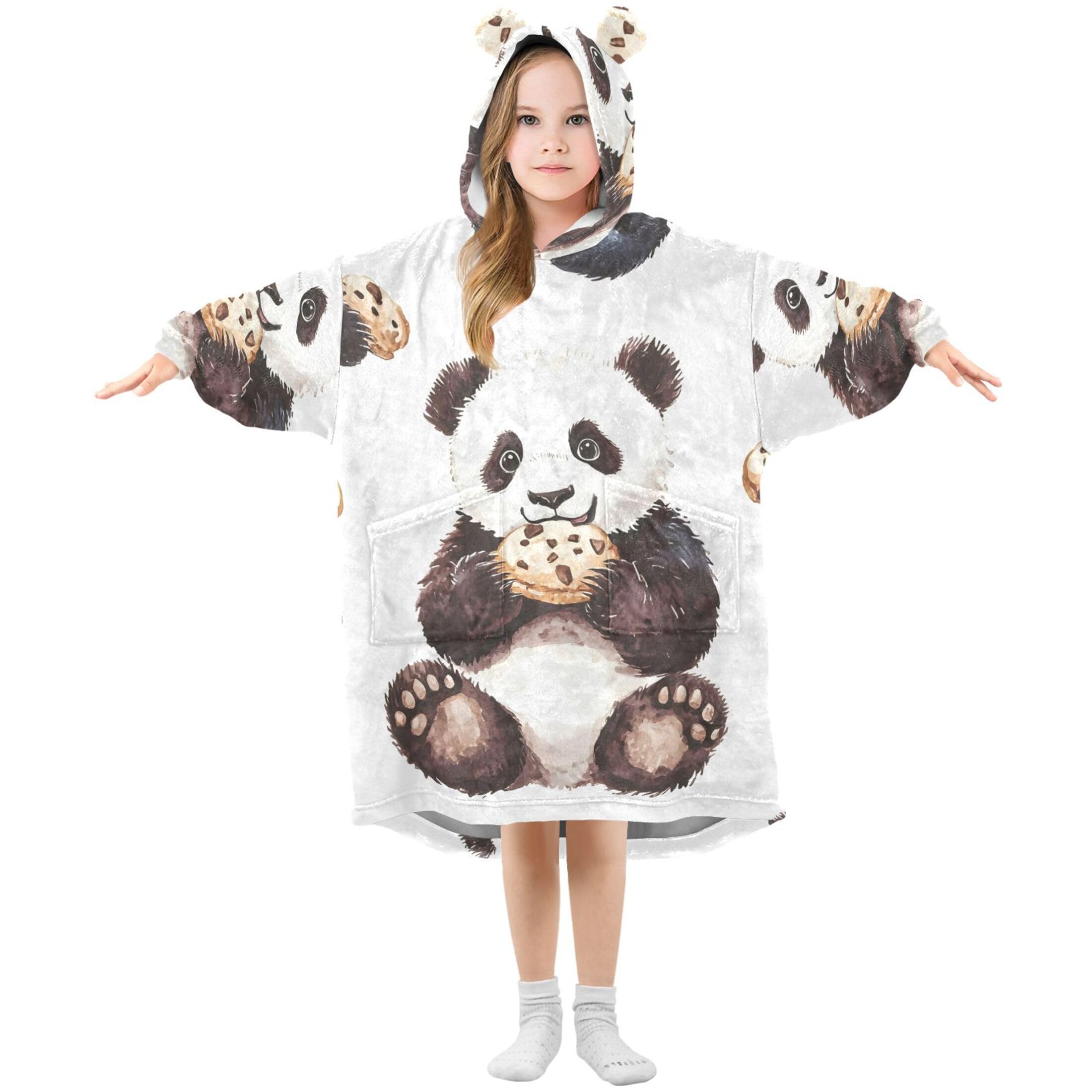 Sevdomey Cute Panda Wearable Blankets for Kids Boy Girl, Hoodie Double-Layer Blanket Oversized Sweatshirt