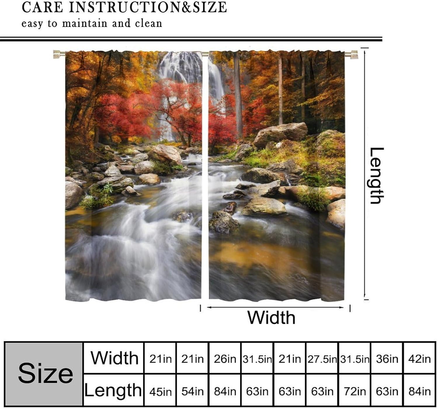 Natural Waterfall Curtains, Mountain Forest Landscape Waterfall Themed Window Treatments, Bedroom Living Room Kitchen Blackout Noise Reducing Curtains 21" W x 63" L