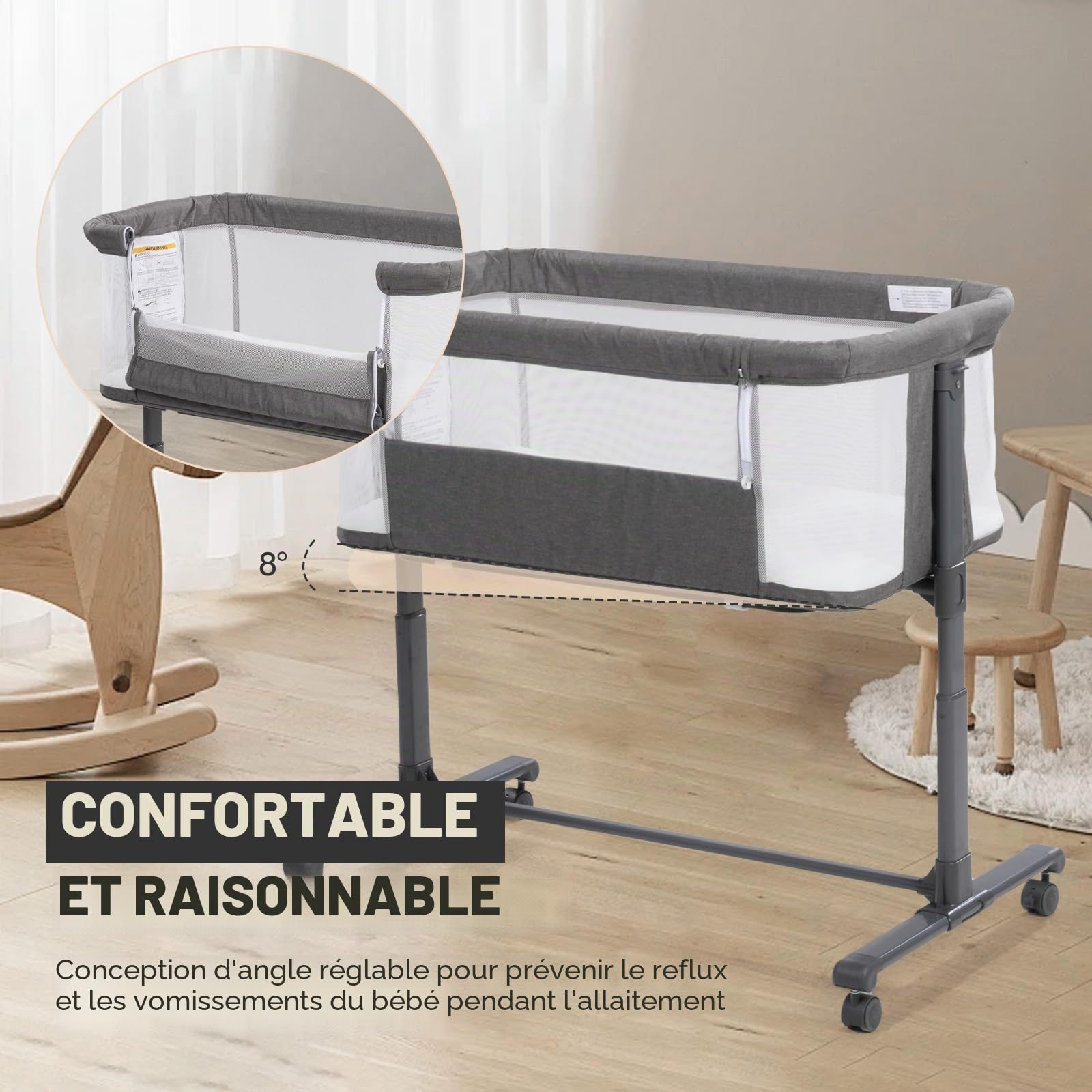 Berceau 3 en 1 pour bébé, berceau, berceau, lit de chevet, lit de voyage, avec matelas et table à langer, pliable, réglable, berceau, portable (gris)