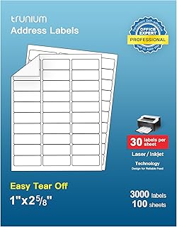 Shipping Address Labels, 1" x 2-5/8" Address Labels for Laser & Inkjet Printers, Mailing Labels, Strong Adhesive for FBA Label, Easy to Peel (100 Sheets, 3000 Labels)