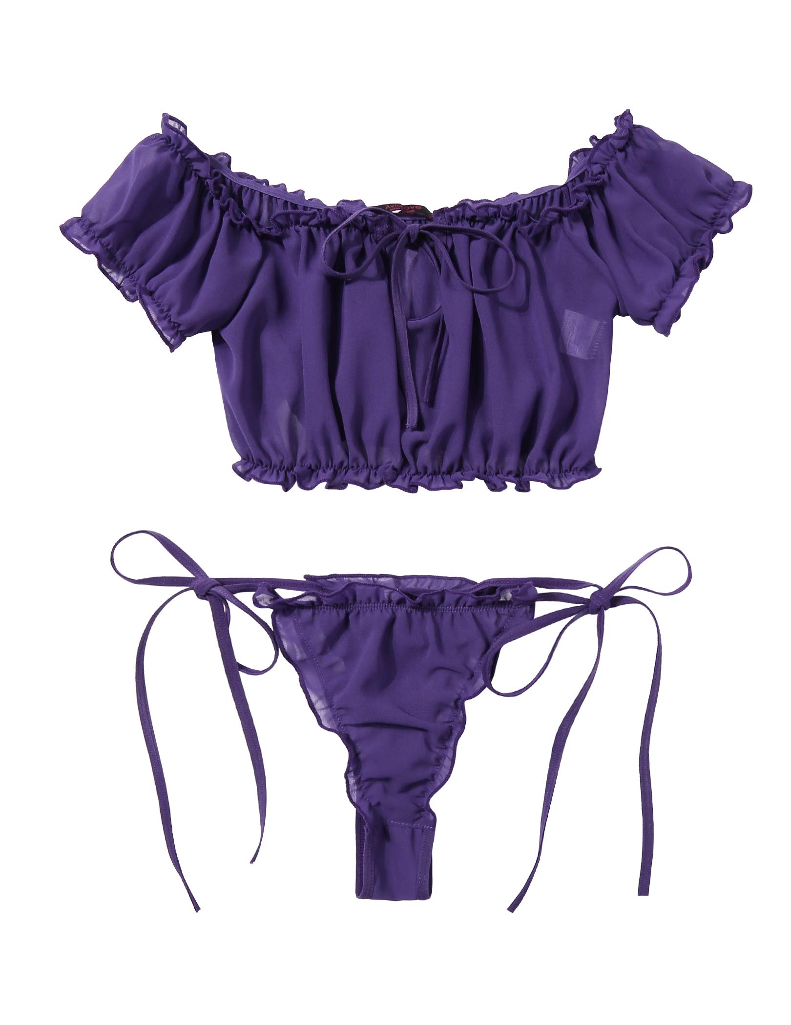 Avidlove Womens Lingerie Self Tie Ruffle Trim Dobby Teddy Mesh Babydoll Lingerie Set Sexy Bra and Panty - Navy Blue Large