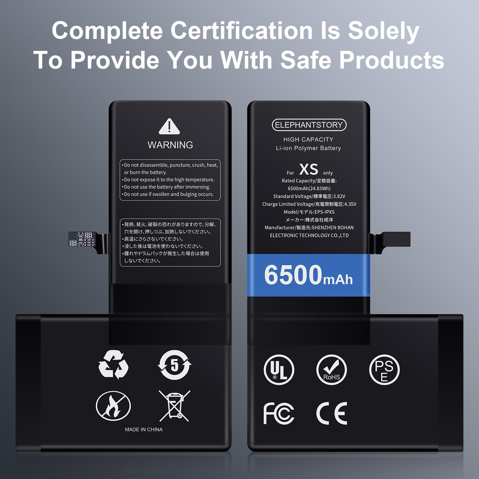 Elephantstory Batteria per iPhone XS, 6500mAh Batteria ai Polimeri di Litio ad Alta Capacità con Strumenti di Riparazione e Guida Compatibile con A1920 A2097 A2098 A2100