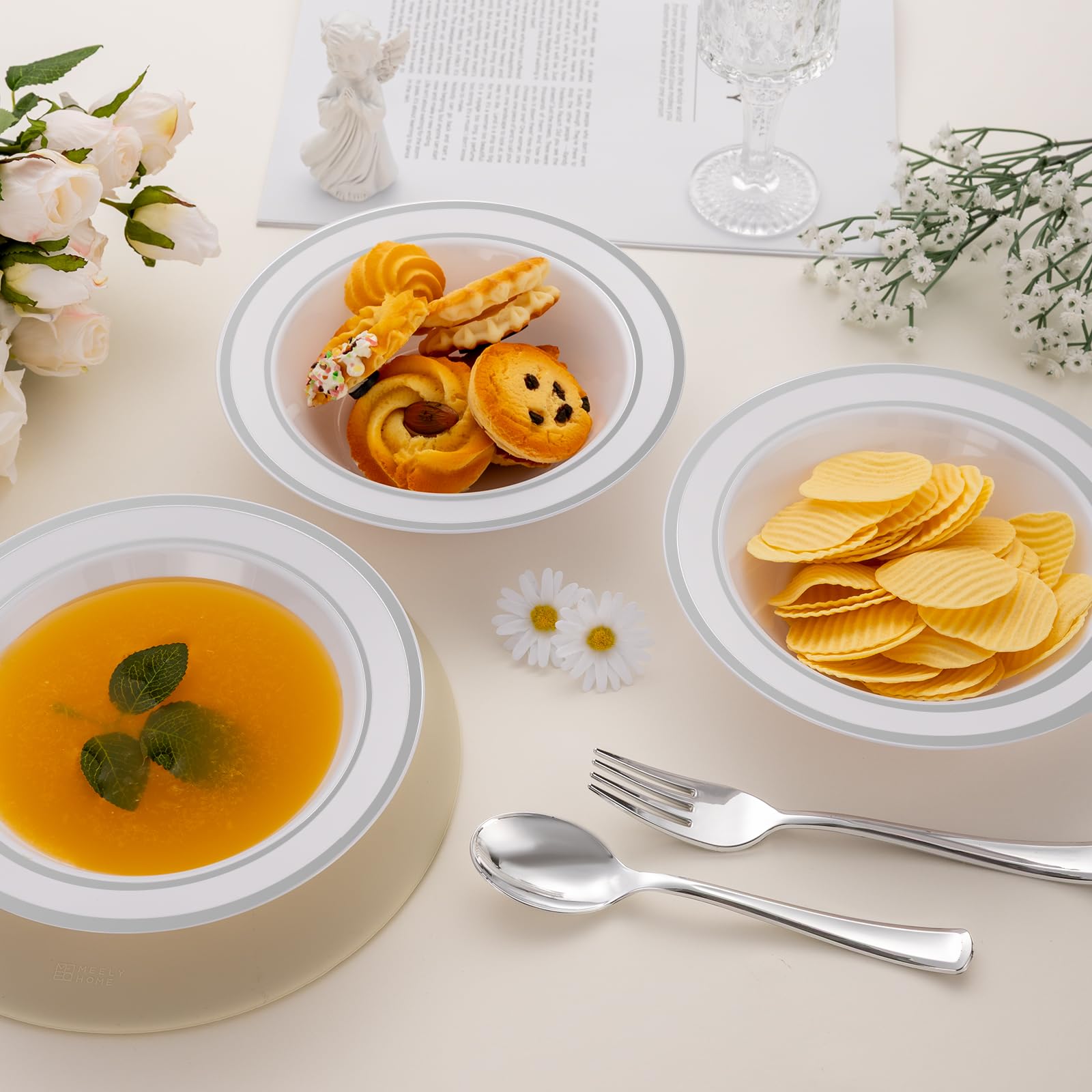 Disposable Soup Bowls with Silver Rim - 50 Pack -3 Disposable Soup Bowls with Silver Rim - 50 Pack -3