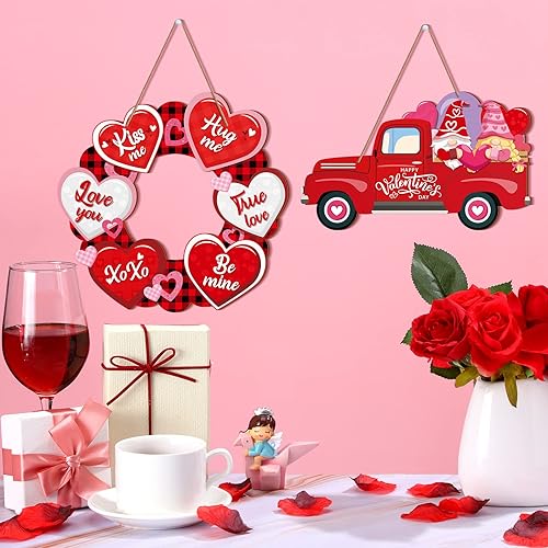 Miniatura 8 de 2 letreros de feliz día de San Valentín, corona, corazón, colgante, letrero de madera para puerta, camión, gnomo, día de San Valentín, decoración de