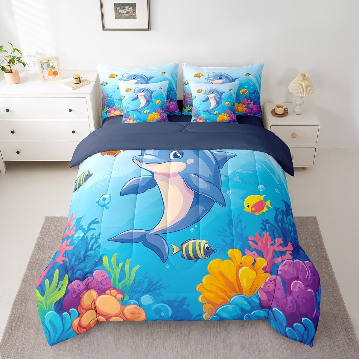 Erosebridal Kawaii Dolphin Queen Comforter Set, Cute Fishing Underwater Soft Bed Set for Kids Teens Adults, Cartoon Fish Coral Bed in a Bag Sheets Set for Bed, Kids Marine Life Bedding Accessories