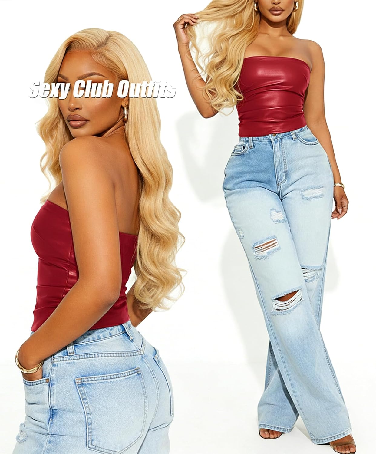 Women Faux Leather Top Sexy Ruched Strapless Tube Tops Club Party Rave Top Going Out Tops - Image 2