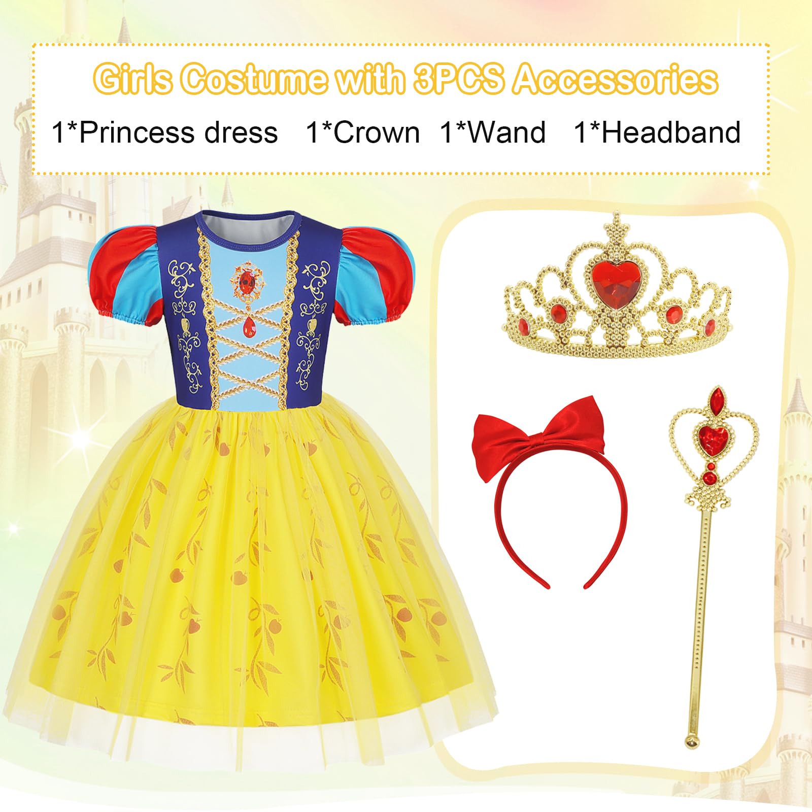 Berich Yellow Princess Dress with Headband Kids Halloween Dress up Christmas Gifts World Book Day Costume Princess Costumes for Girls 5-6 Years(Yellow,130) - Image 3