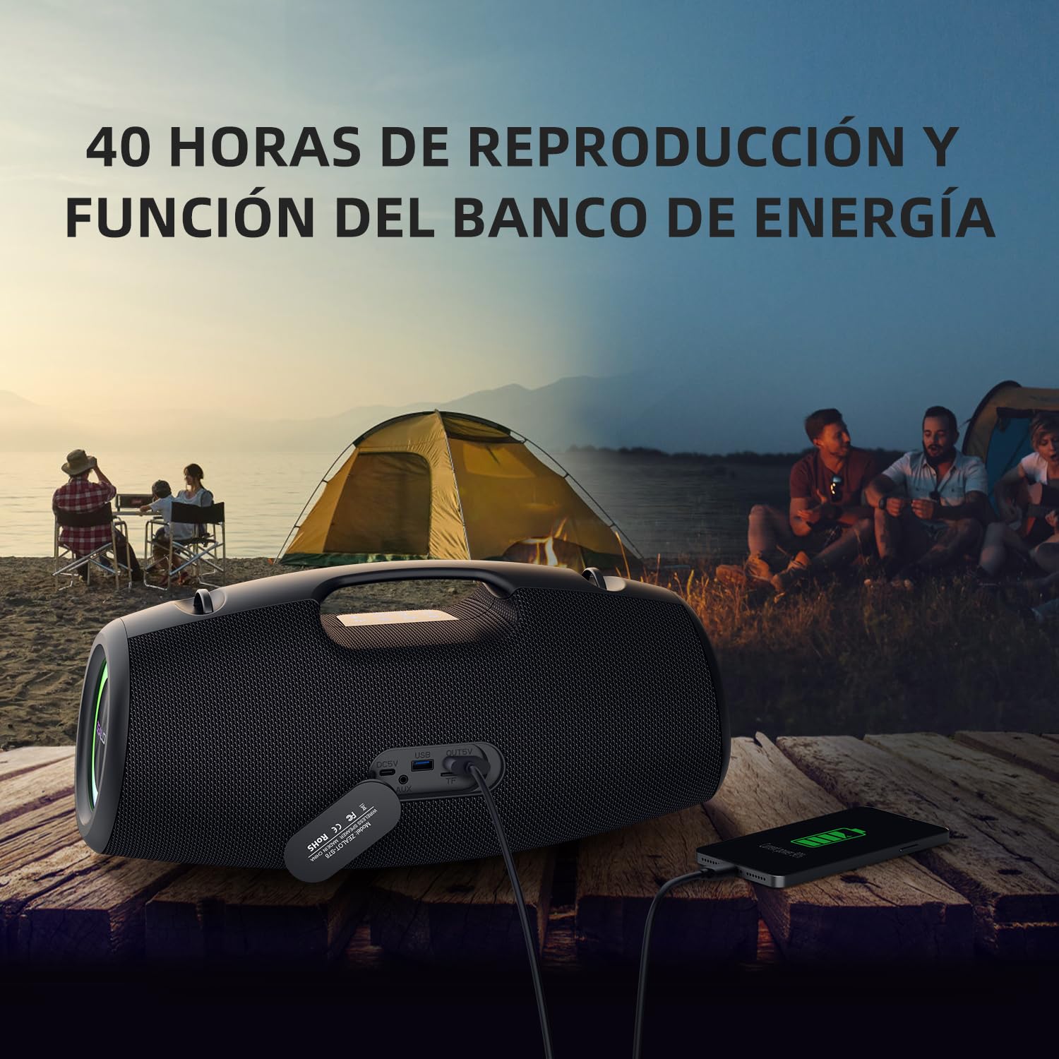 Zealot Altavoz Bluetooth Grande 120W con Luz LED, Altavoz Exterior Inalámbrico, Autonomía de 40 Horas, Bluetooth 5.2 y IPX6 Impermeable, Sonido Estéreo para Fiesta, Entrada USB/AUX/TF