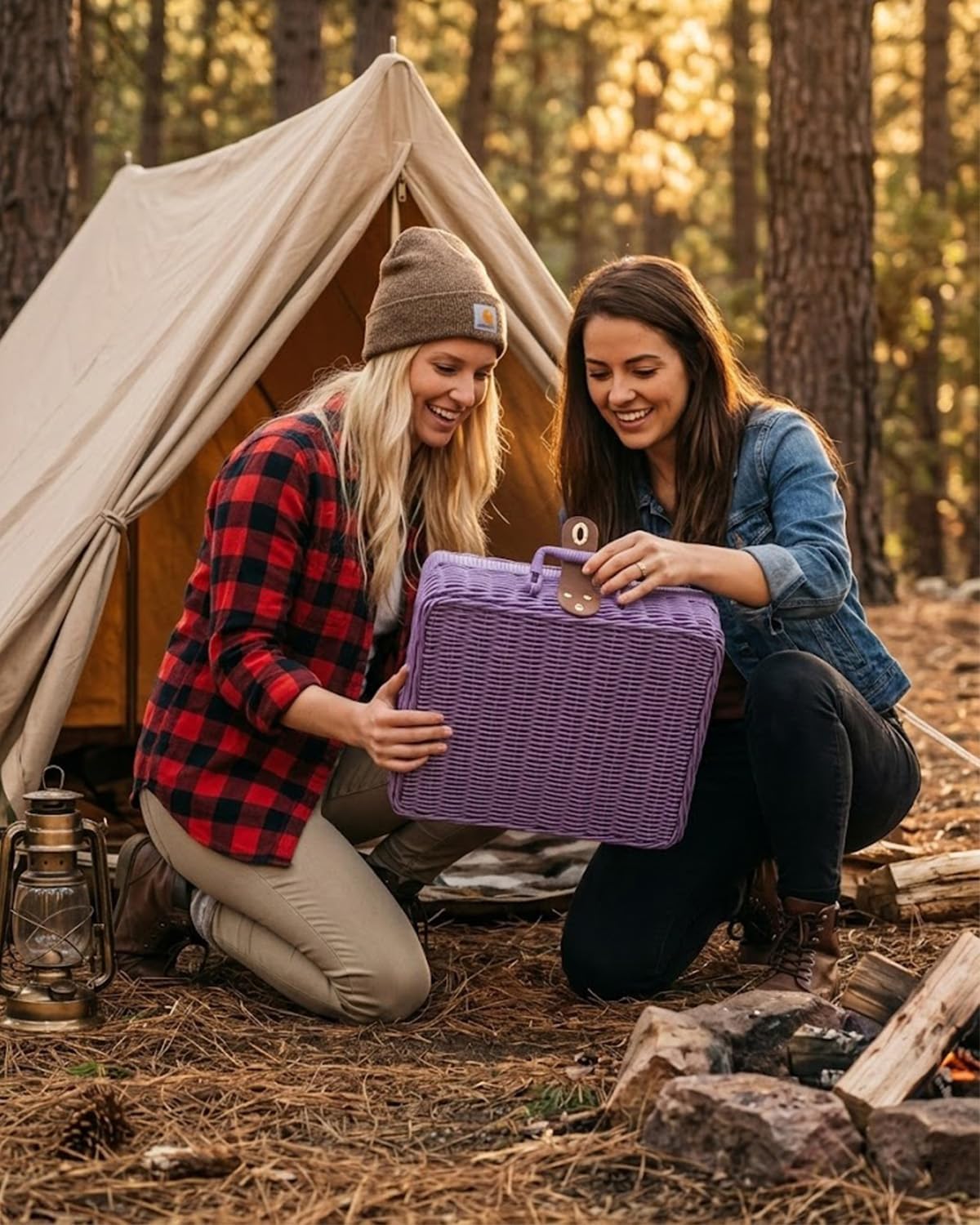 Imitation Wicker Picnic Basket, Small Picnic Basket Imitation Metal Lock Rattan Storage Box with Handles, Imitation Wicker Baskets with Handles for Travel Camping Outdoor Party (Purple) image 3