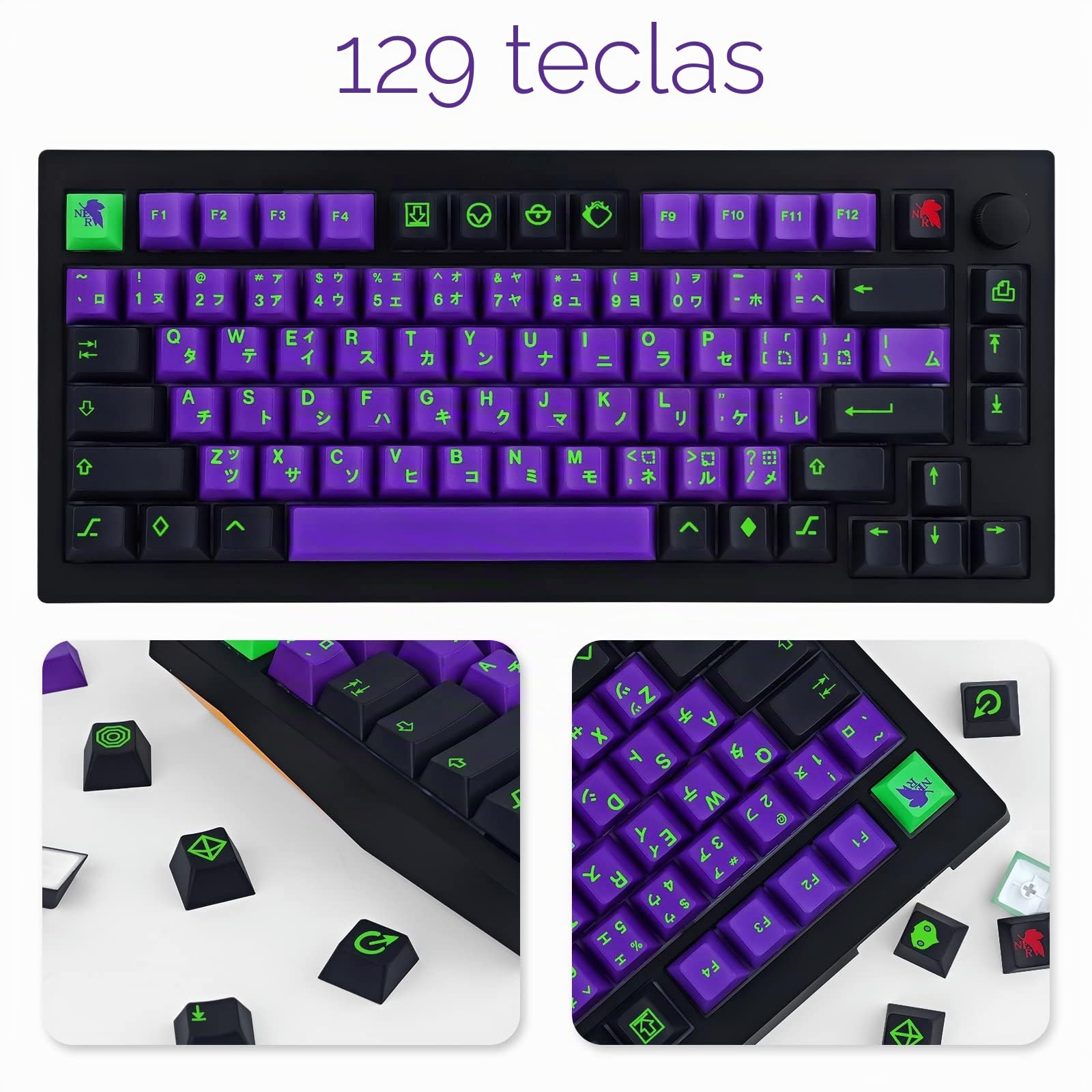 129 Teclas Dye Sub PBT Teclas para Teclado, Cherry Profile Morado y Verde Gaming Keycap para teclados (Teclas QWERTY con distribución Estadounidense)