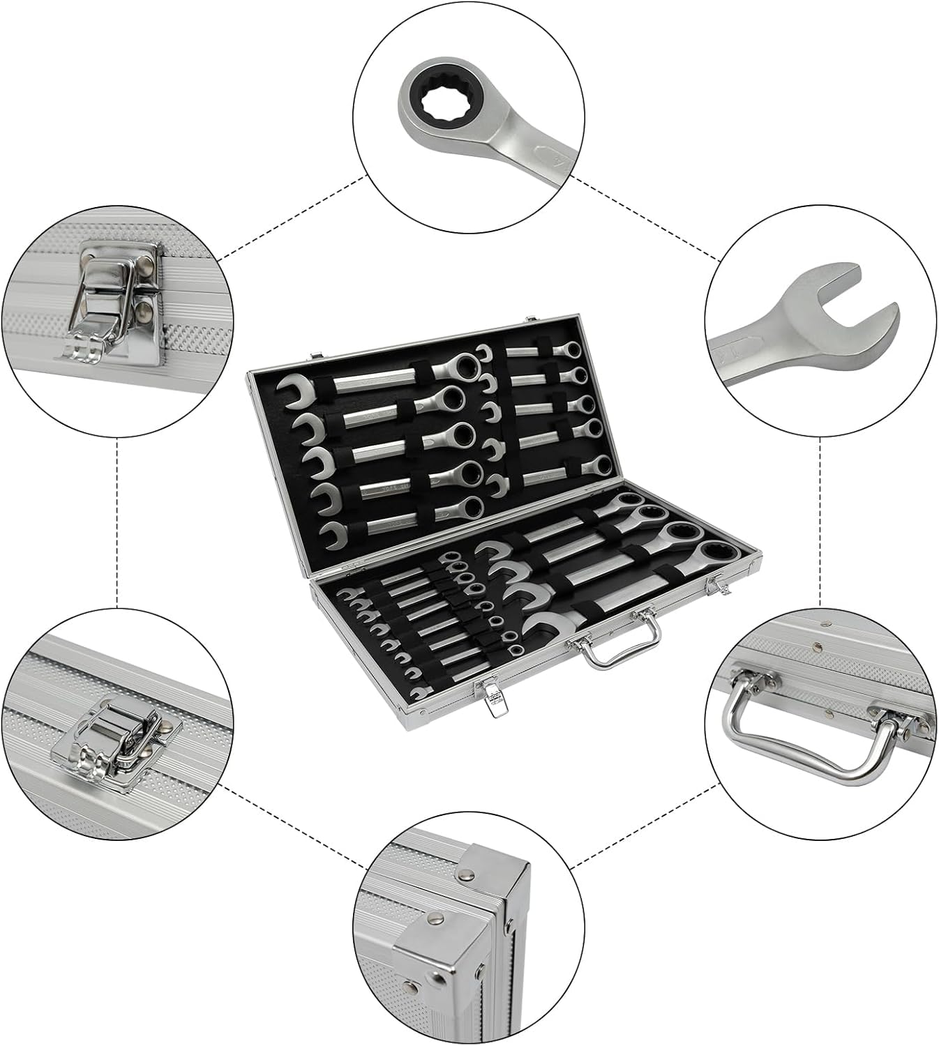 Juego de 22 llaves de carraca de 6-32 mm, con caja (con cabeza fija)