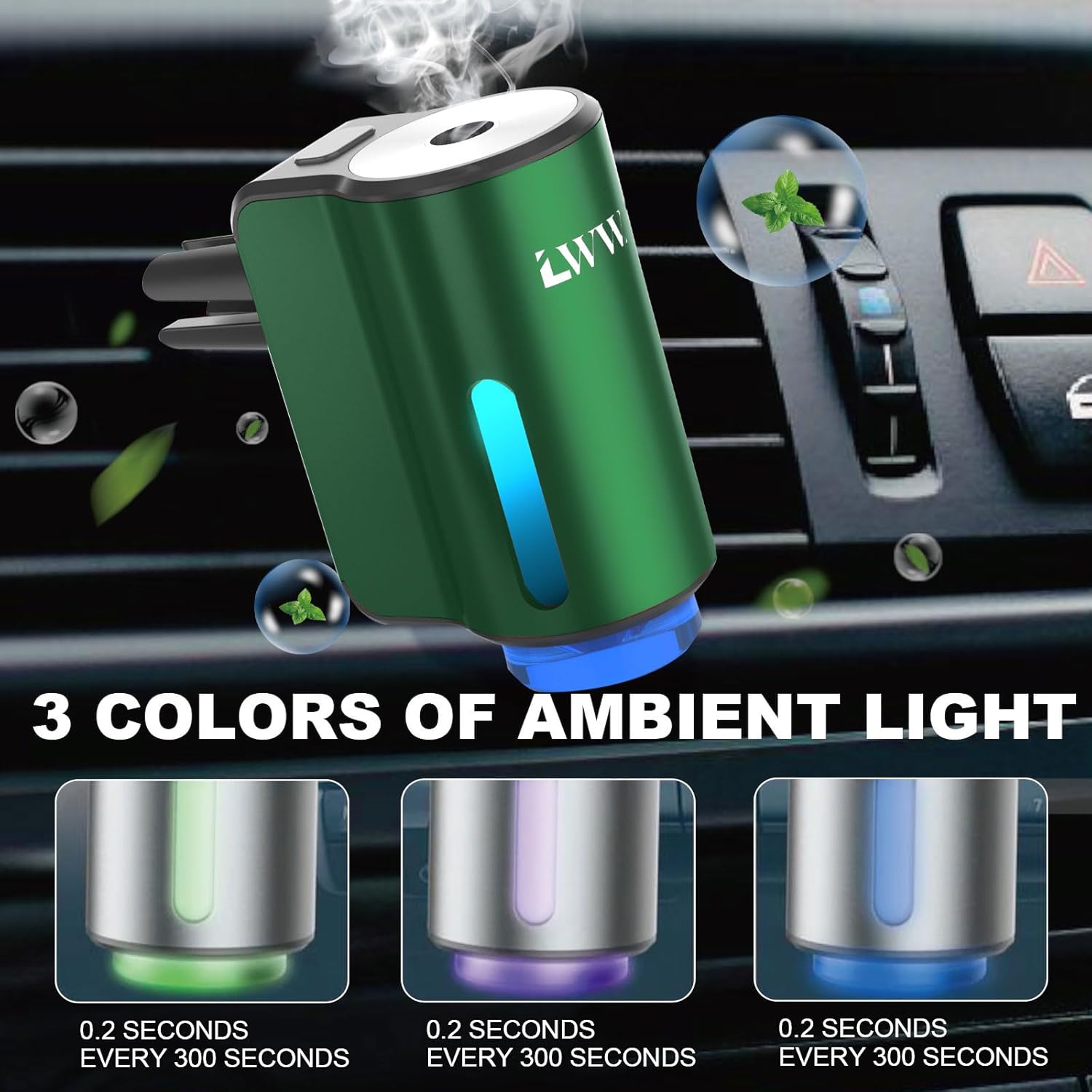 Smart Car Air Freshener Diffuser with 3 Modes, Automatic Aroma Spray, Rechargeable Scent Dispenser with 8 Essential Oil Refills, Long-Lasting Aromatizante para Carro, Compact Clip Design (Green)