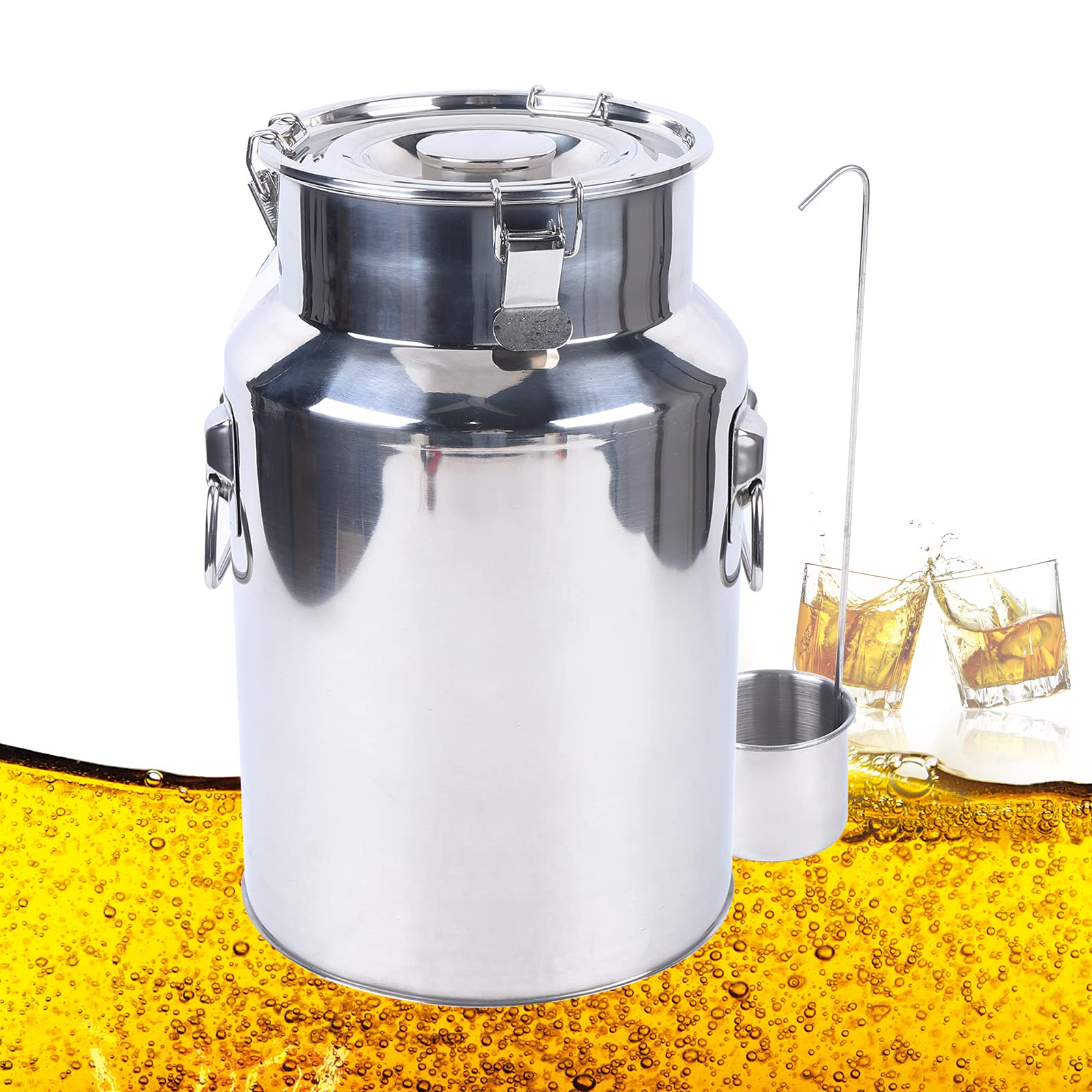 Jarra de leche de acero inoxidable de 18 litros con tapa y asa de transporte, tapa a prueba de fugas para el almacenamiento de agua/leche/vino/queso/crema/harina/aceite/ghee y alimentos secos