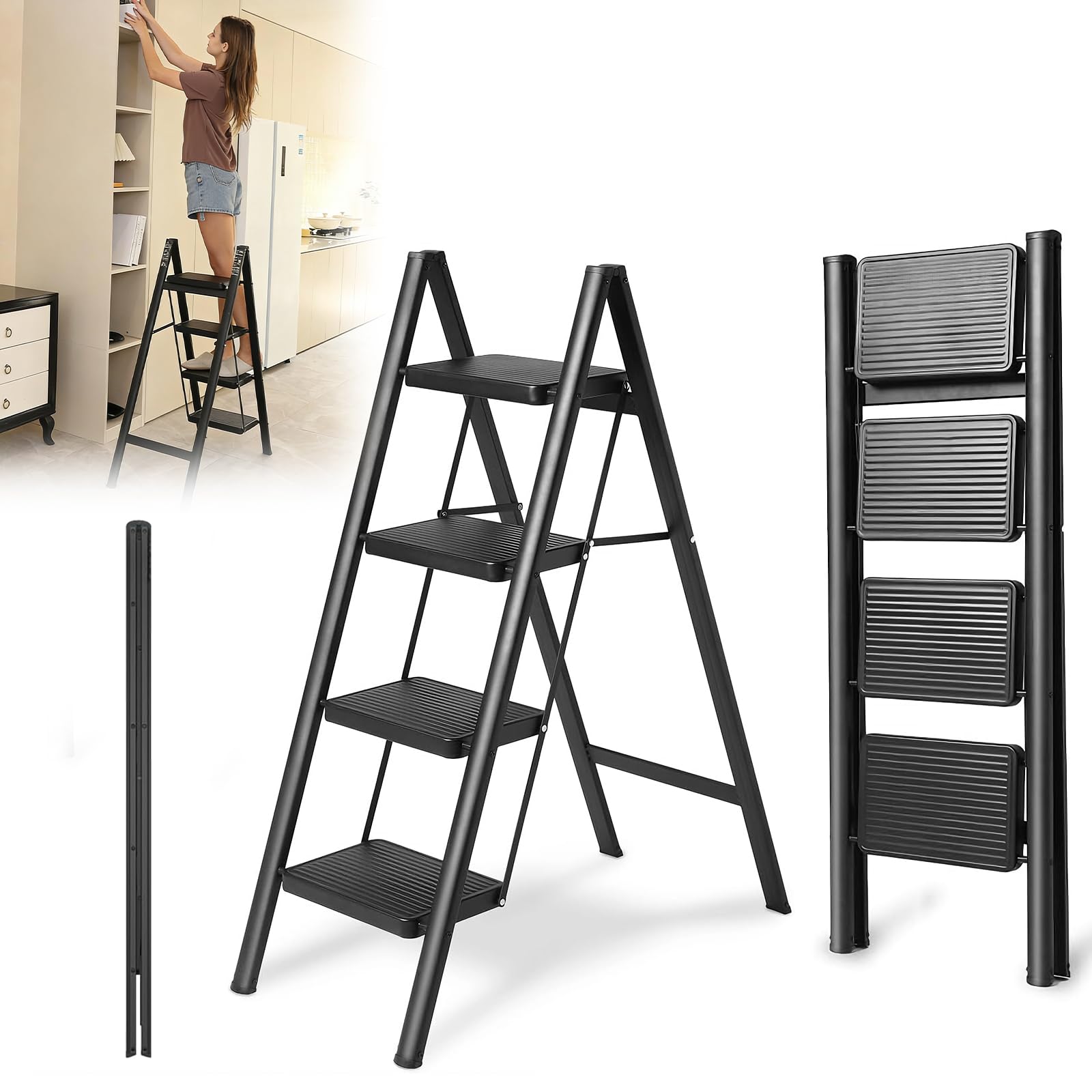 Escalera Plegable de 4 peldaños de Aluminio, Estable y Segura, peldaños Anchos Antideslizantes, soporta hasta 150 kg, para hogar, almacén, Taller y Uso Comercial
