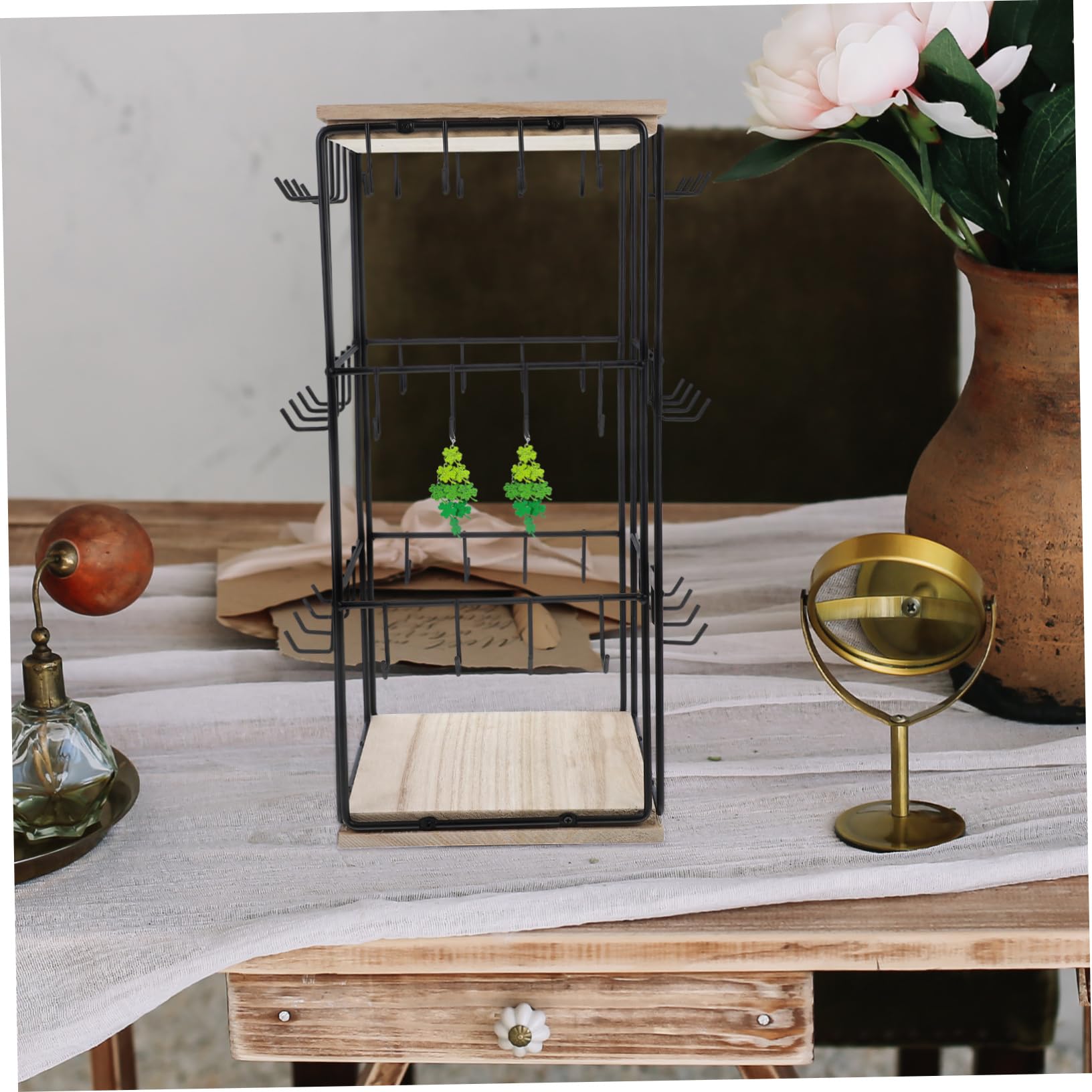 GLEAVI Schmuckständer aus Eisen und Holz mit Haken Multifunktionaler Ohrringhalter Organizer und Platzsparendes Aufbewahrungsdisplay für Ringe und Ohrringe im Minimalistischen Turm