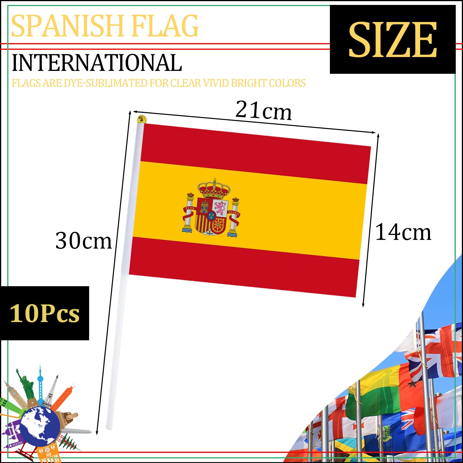 YAAVAAW 10 pièces Mini Drapeau à La Main de Espagne,Petit Drapeaux Espagne Personnalisable Mat,avec Tiges en Plastique,pour Oktoberfest Événements Sportifs,Décoratifs d'extérieur,Fête
