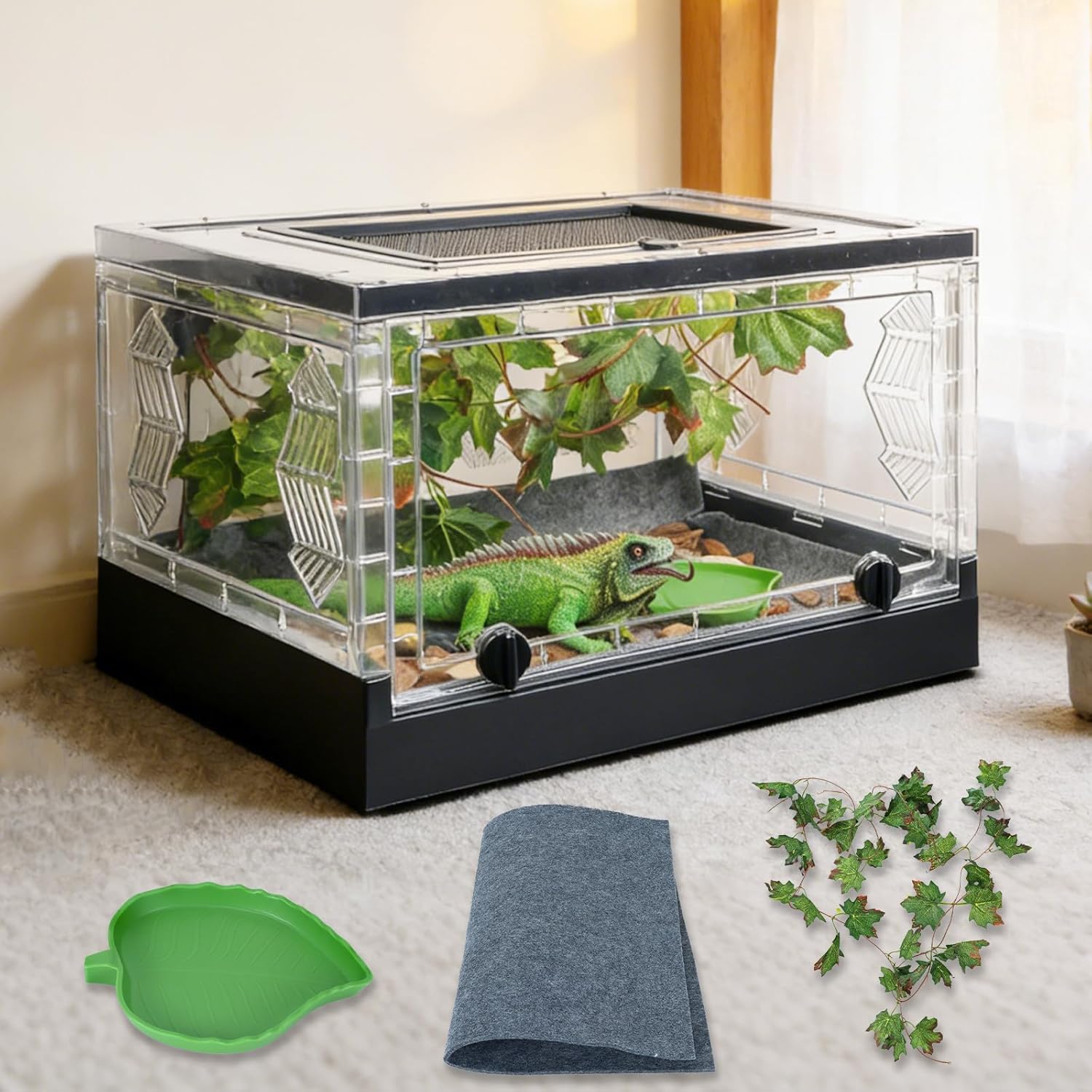 Foldable Reptile Terrarium with Sliding Door Portable Spider Enclosure, Lizard Cage, Plastic Habitat for Tarantula, Tree Frog, Leopard Gecko, Snake, Hermit Crab Ventilated Terrarium Starter Kit Green