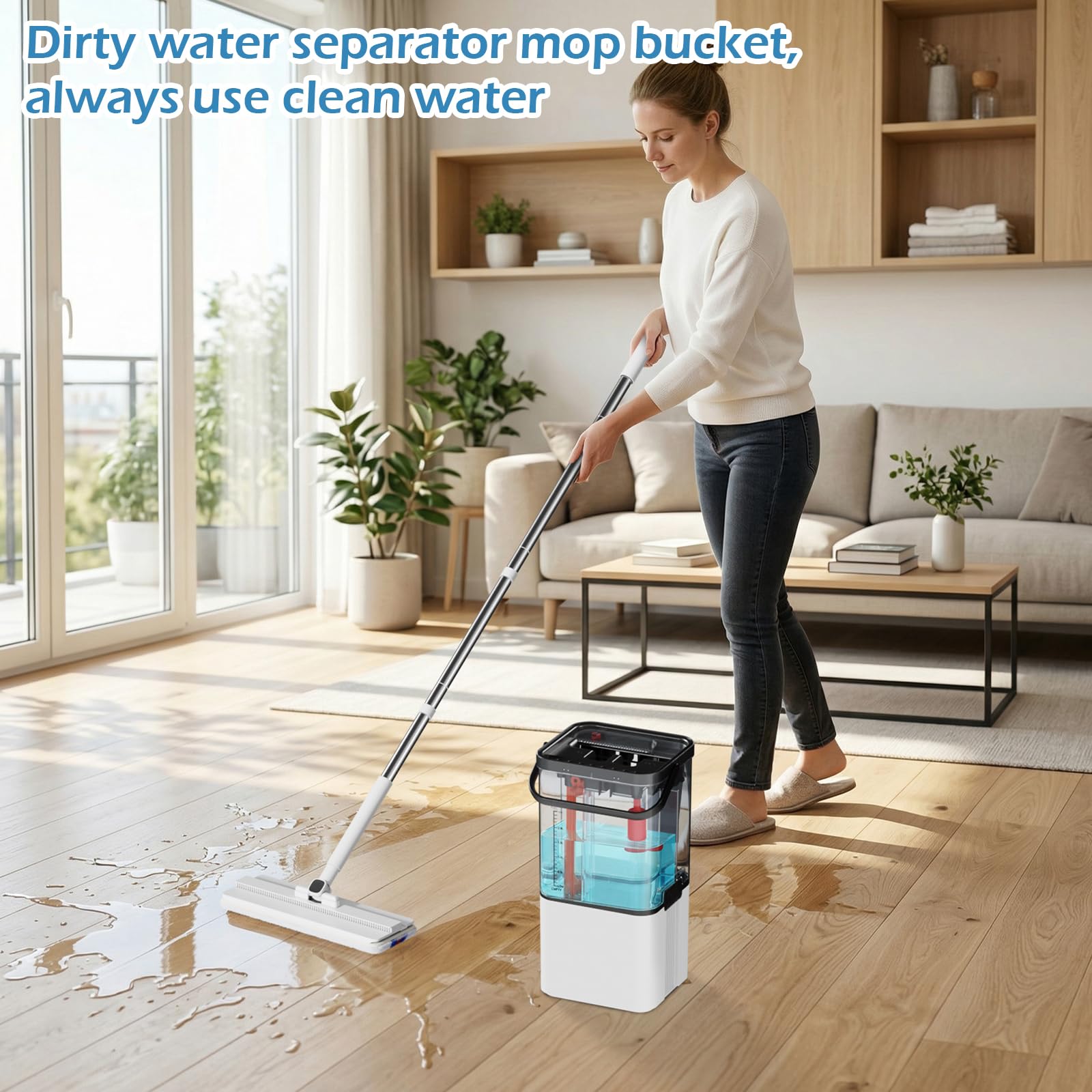 Ensemble serpillère et seau Midyb avec 2 tampons en microfibre, serpillère et seau avec essoreur, sépare automatiquement l'eau sale et propre, utilisation humide et sèche pour le nettoyage du sol