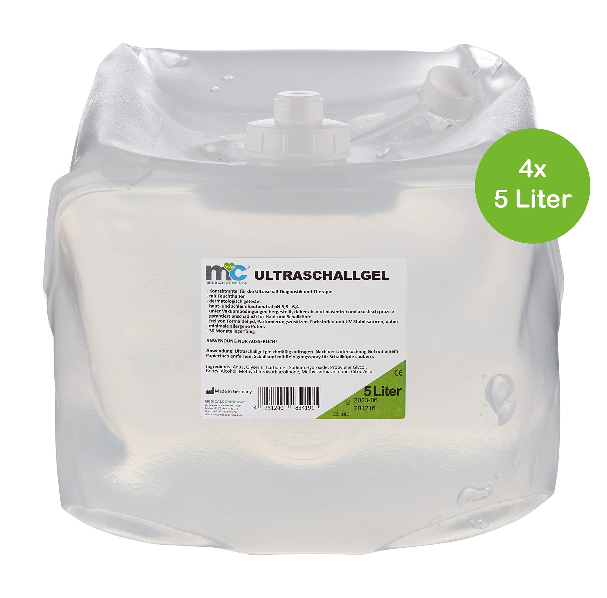 Medicalcorner24 Ultraschallgel, Sonographiegel, Kontaktgel, Leitgel, Gel, 4 x 5 Liter Cubitainer