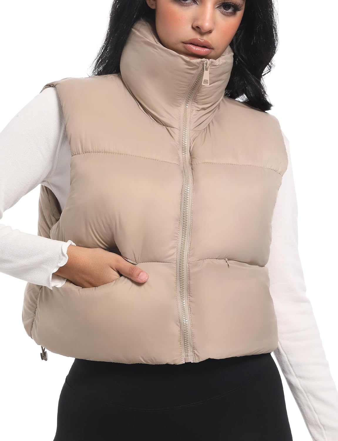 Buauty Cropped Winter Black Puffer Vest for Women 2024, Girls Mini Puffy Vest with Pockets, Crop Sleeveless Zip Up Stand Collar Bubble Vest, Short Cute Winter Clothes Jackets Warm Outerwear Trendy KHA