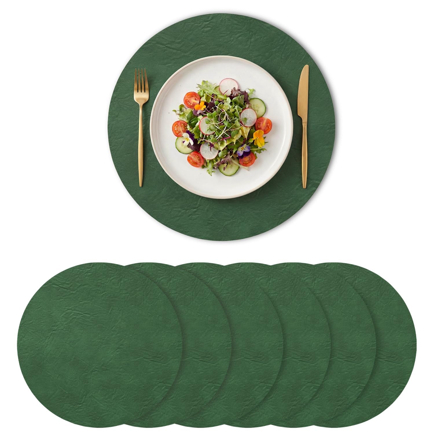 Artoid Mode Dark Green Faux Leather Placemats Set of 6, Round 38cm PU Leather Heat-Resistant Table Mats for Party Kitchen Dining Decoration