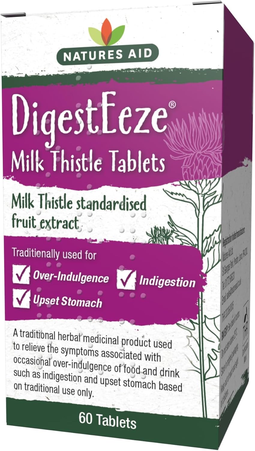 Natures Aid DigestEeze Milk Thistle 60 Tablets – Supports Liver & Digestive Health – High Strength Silymarin – Vegan, Non-GMO, Gluten-Free – Traditional Herbal Remedy for Indigestion Relief