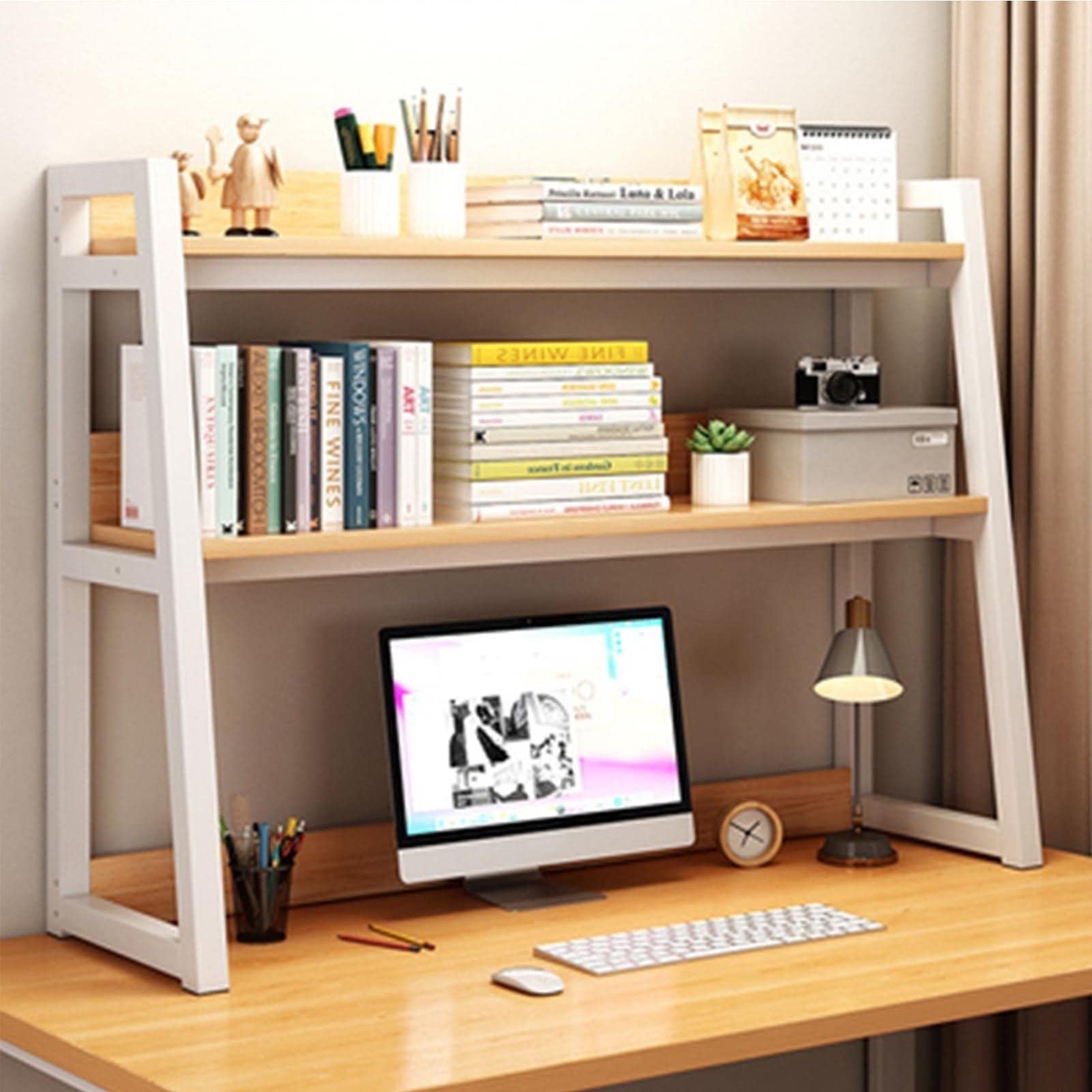 ASerZenith Desktop Organizer Storage Organizer - Desktop Display Shelf, 2tier Desktop Organizer For Computer Desk, Steel Frame Ladder Countertop Hutch Bookcase Organizer Shelf