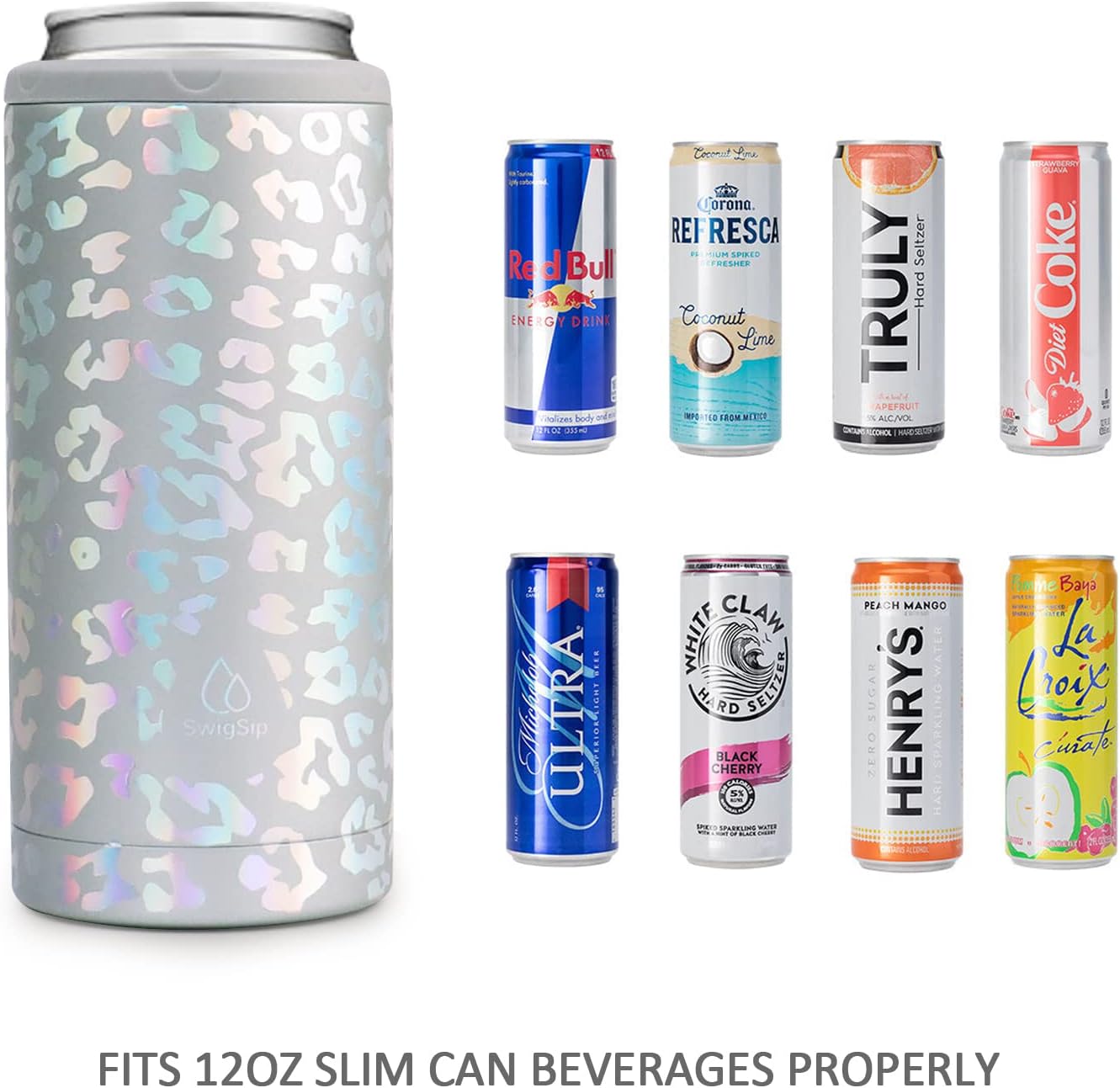 Swig Sip Skinny Can Cooler - Double Wall Stainless Steel Vacuum Insulated Can Holder for 12oz Slim Tall Beverage Bridesmaid Gift (Laser Leopard) - Image 3