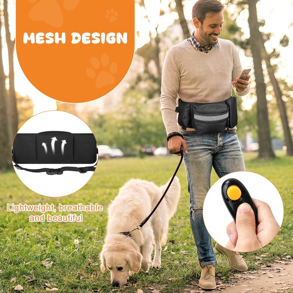 Aomig Borsa per cani 3 in 1: ciotola pieghevole, clicker e marsupio regolabile per passeggiate e allenamento a mani libere