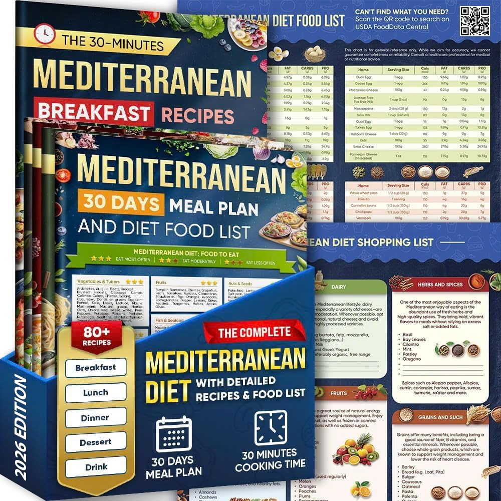 Set 5 Mediterranean Diet Chart Food List 2026, Mediterranean Diet Cookbook For Beginners Under 30 Minutes, Serving Sizes Calories Net Carbs, Weight Loss & Diabetes-Friendly, 30 Days Meal Plan Included