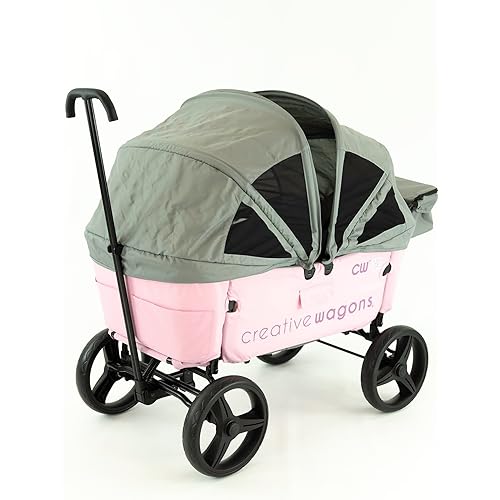 Creative Outdoor Wagon for Kids Push Pull Collapsible Stroller Wagon Buggy Transformable Bench Cart for Kids Cargo All Terrain Child Safety, Activated Breaks, Removable Canopy (Pink)
