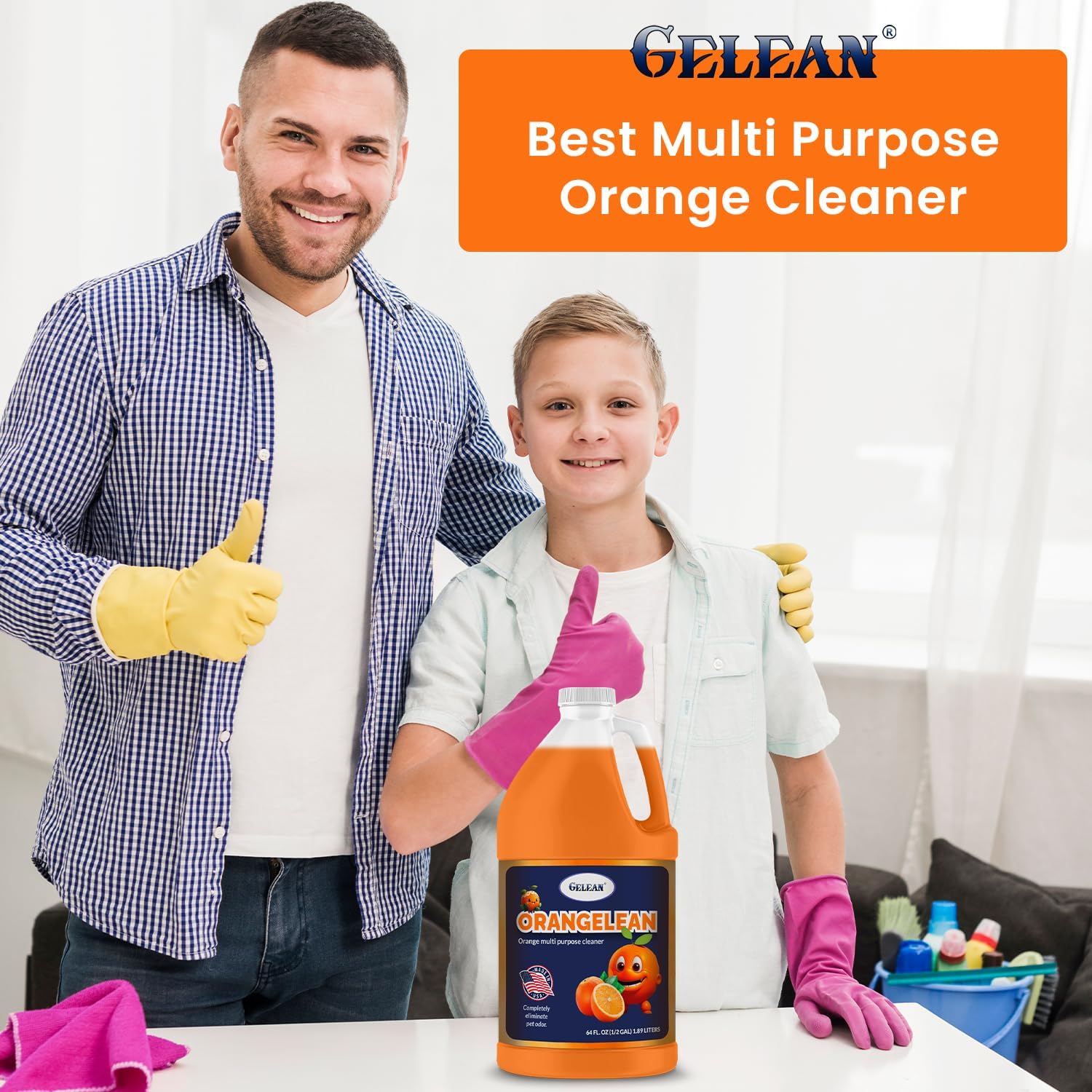 Multi Purpose Cleaner Pet Odor eliminator 64oz - Concentrate MAKES 32 GALLON - MADE IN USA- pH Neutral - Strong Floor Cleaner Odor eliminator - Stain Remover Cleaner & Deodorant (64 Fl Oz, Orangelean)
