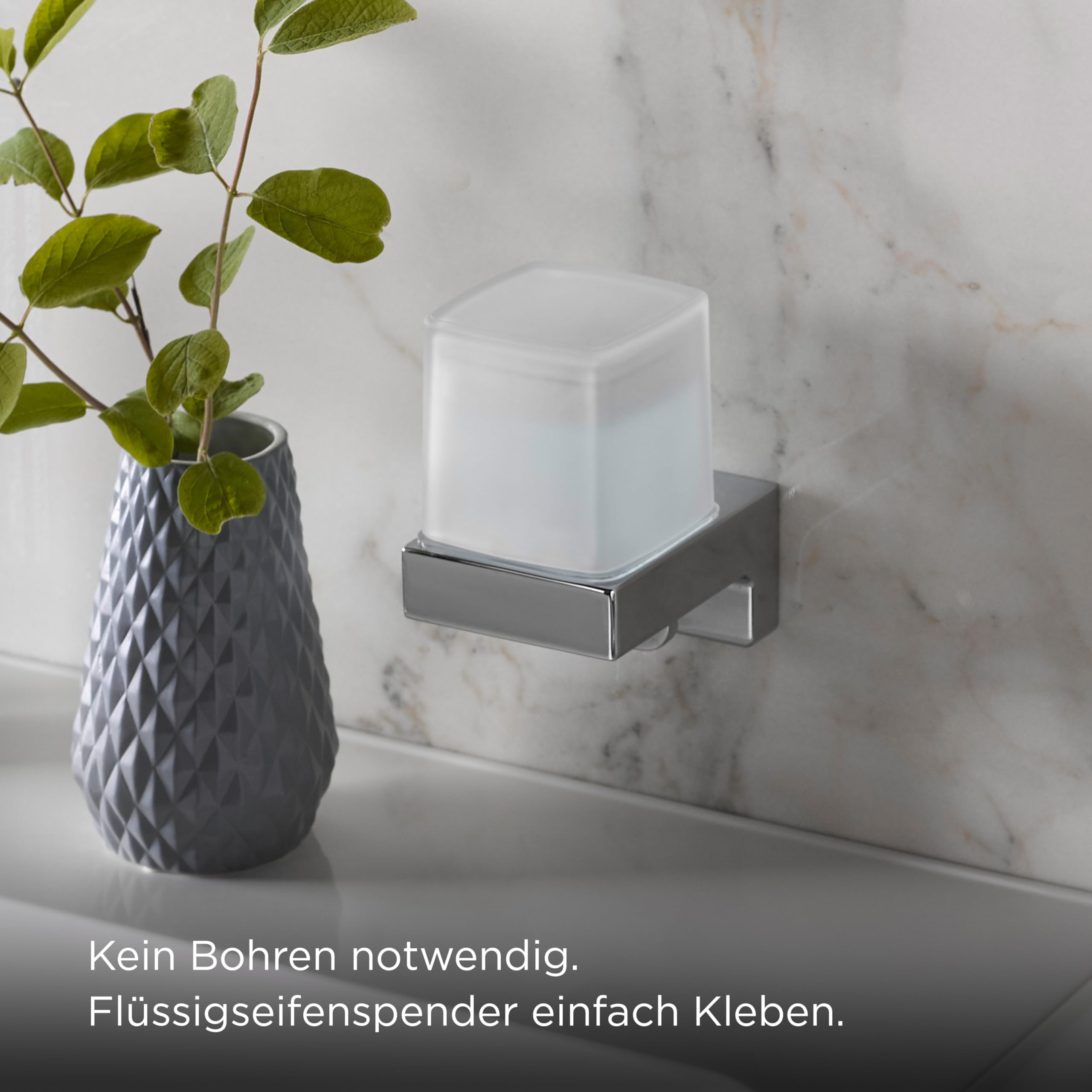 emco CUE Flüssigseifenspender mit Klebeset & Becher aus Kristallglas, Metall, verchromt, Normal