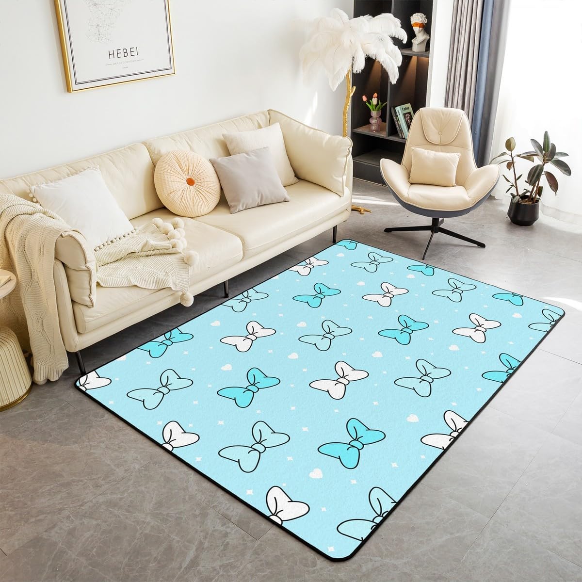Cartoon Bowknot Area Rug 5'x6'6" Watercolor Teal Blue Dreamy Decor Indoor Floor Mat for Kids Girls Teens Women White Heart Stars Romantic Style Non Slip Rug for Party