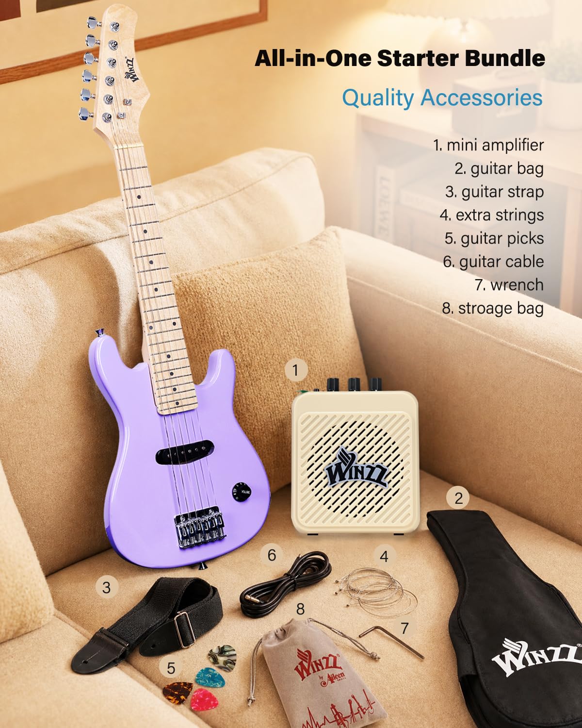 Winzz Kit per chitarra elettrica per bambini da 76,2 cm, mini chitarra elettrica per principianti con amplificatore, custodia, corde extra, plettri, cinghia, cavo e chiave, viola speciale