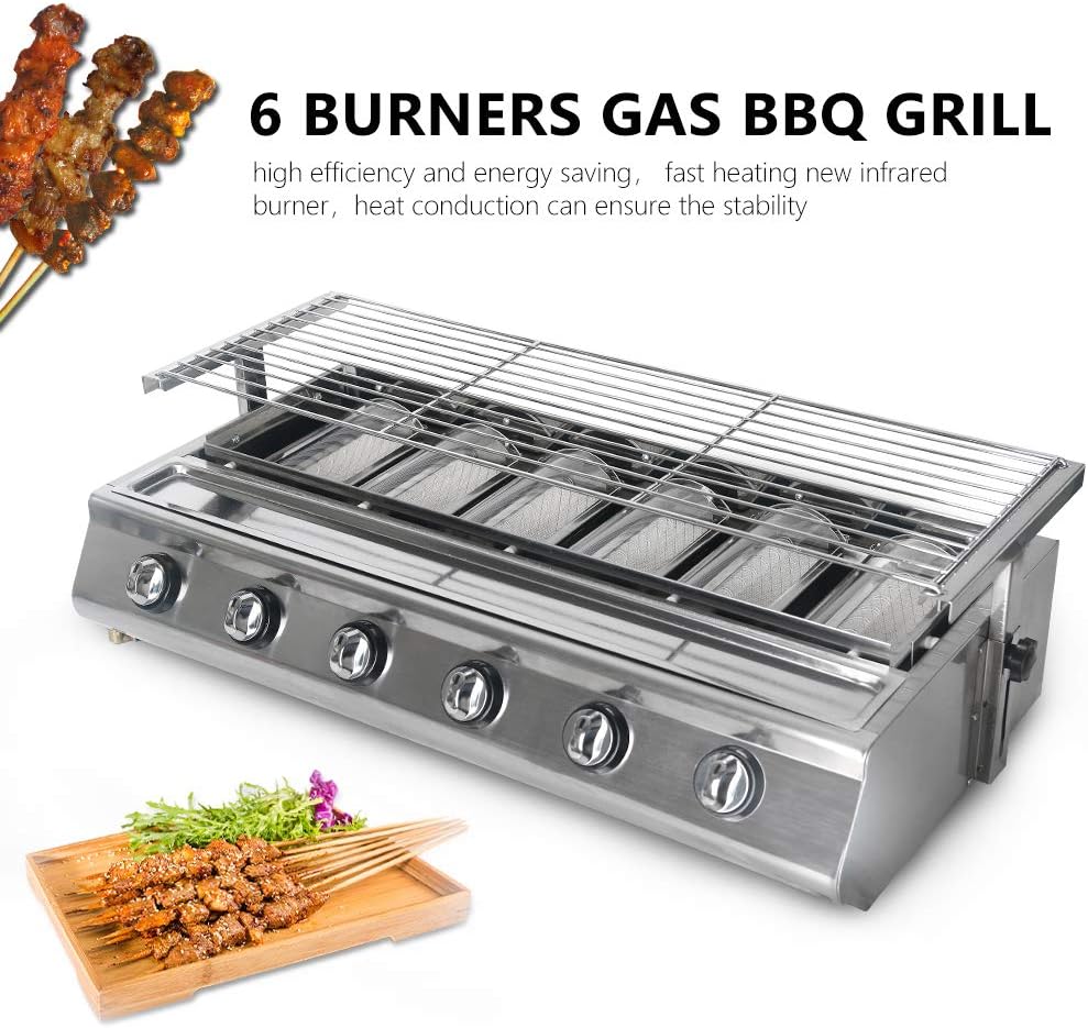 6 bruciatori per barbecue GPL, barbecue a gas, senza fumo, in acciaio inox, per picnic allaperto, barbecue in altezza regolabile