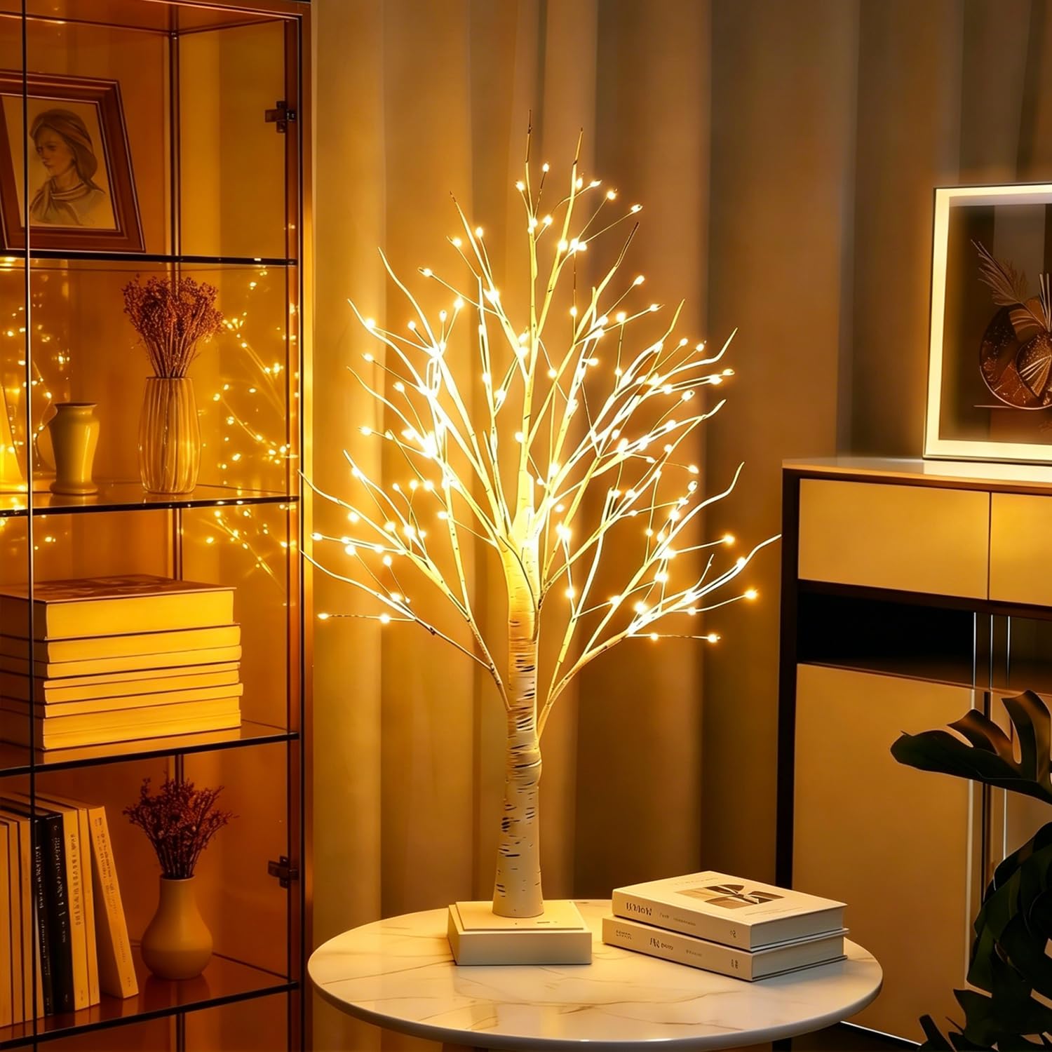 60cm Birch Twig Tree with 144 Warm White LED Lights, Battery Operated or USB Plug-in, Auto-Off Timer, Birch Tree with Lights, Easter Tabletop Centerpiece Decoration for Easter Home Party Wedding