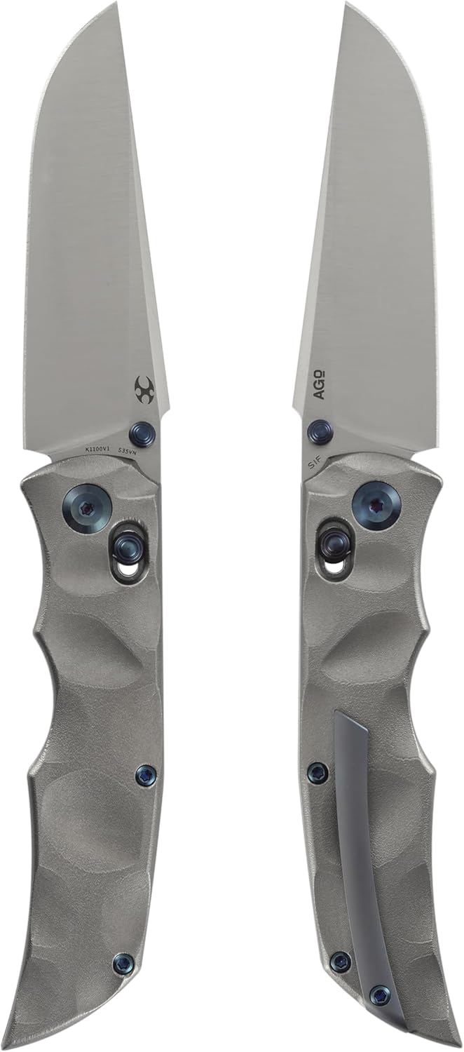 KANSEPT SIF Pocket Knife, 3.76" Satin CPM-S35VN Blade with Blue Thumb Stud, Manual Opening Folding Men Women EDC, Dimpled Titanium Handle with Orange Peel Finish for Outdoor Camping Hiking K1100V1