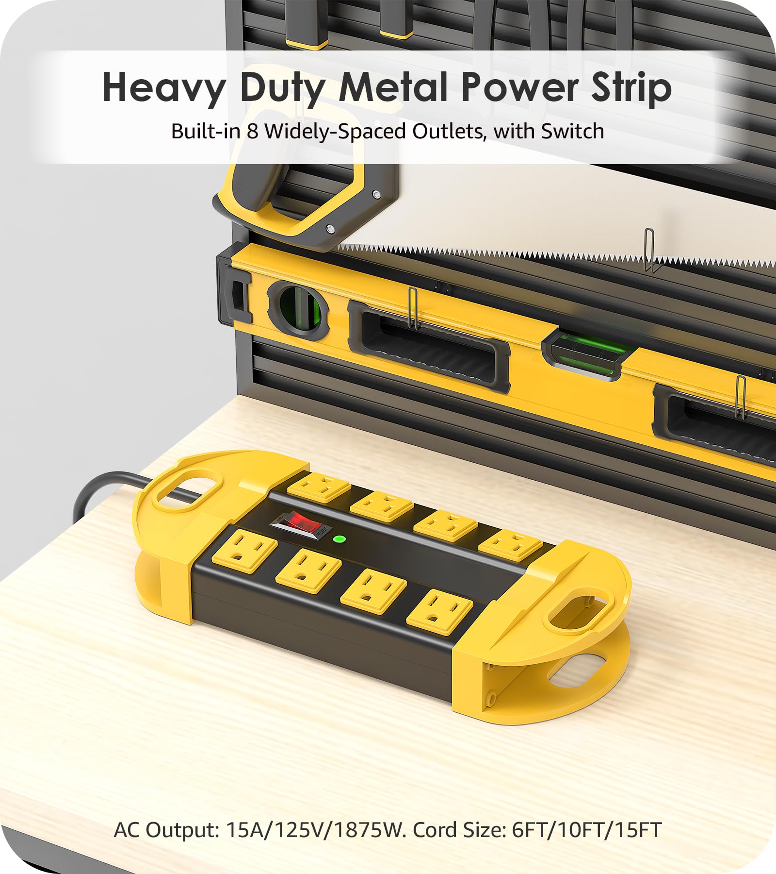 CCCEI Heavy Duty Power Strip Surge Protector, Metal 8 Outlets Power Strip for Appliance. Garage Shop Industrial Workbench 15 AMP Outlets Strip. 6FT Extension Cord, Yellow