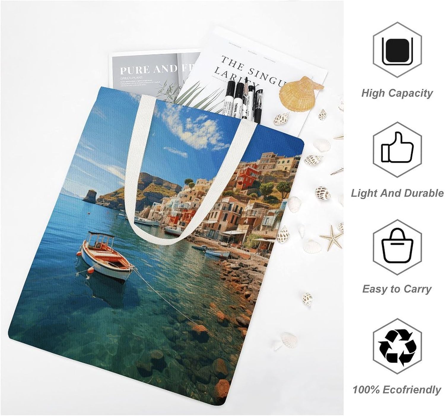 Seaside Town Canvas Tote Bag Reusable Grocery Bags Foldable Soft Cotton Shoulder Carry Bag