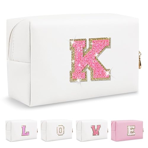 Miniatura 415 de Bolsa de maquillaje personalizada con inicial A-Z Preppy Patch, pequeña bolsa de cosméticos de PU con letra de chenilla y cierre para niñas Negro