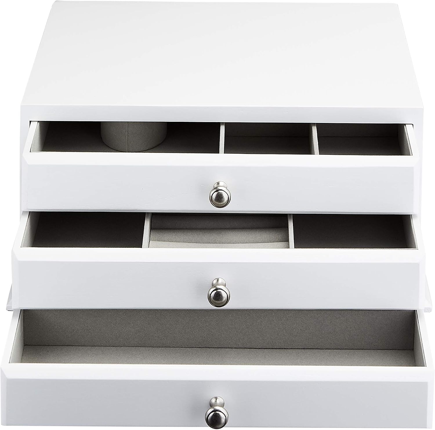 Amazon Basics Wooden Jewelry/Watch Box with Solid Top - 3-Drawer, White