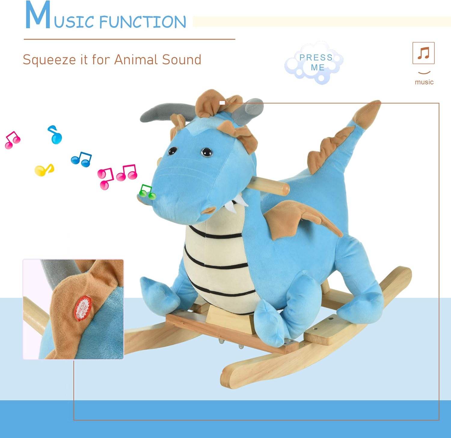 Qaba Kids Plush Ride-On Rocking Horse Toy Dinosaur Ride Rocking Chair with Realistic Sounds for18-36 Months, Blue