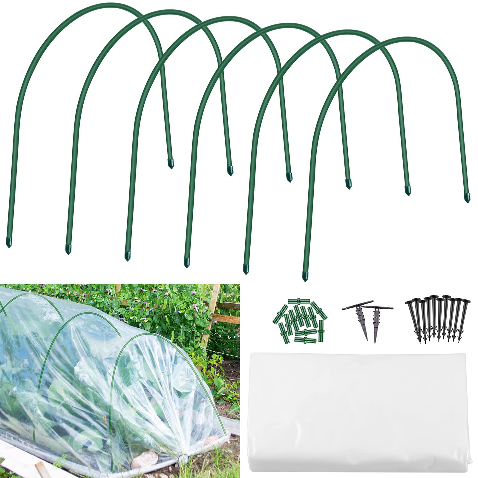 ELCOHO 6 Pieces Greenhouse Hoops Grow Tunnel Plant Support Garden Stakes Rust-Free Gardening Houses Support Frame with Greenhouse Film for Plant Cover Support, Garden Fabric, 19.7 x 19 Inches
