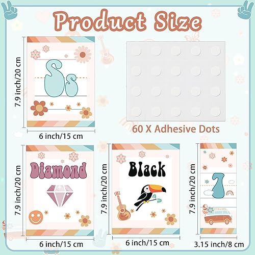 Miniatura 2 de ZOIIWA Juego de 56 tablones de anuncios retro con letras del alfabeto y números, tarjetas educativas hippie, tarjetas del alfabeto ABC Groovy de 1 a