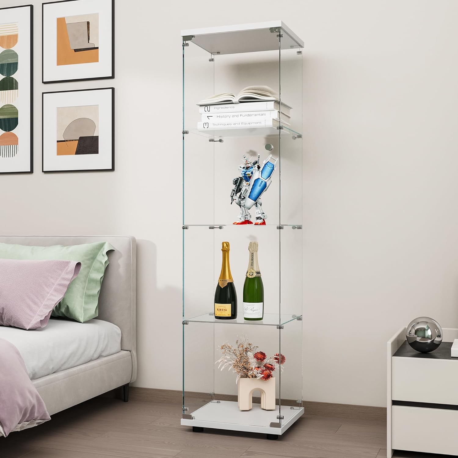 FANYUSHOW 4-Shelf Tempered Glass Curio Cabinet with Lock - White Display Showcase 64.7"H Secure Storage for Collectibles