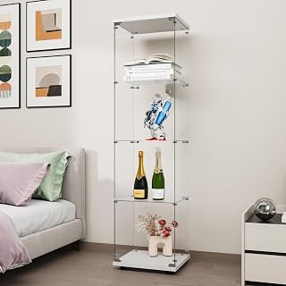 FANYUSHOW 4-Shelf Tempered Glass Curio Cabinet with Lock - White Display Showcase 64.7"H Secure Storage for Collectibles