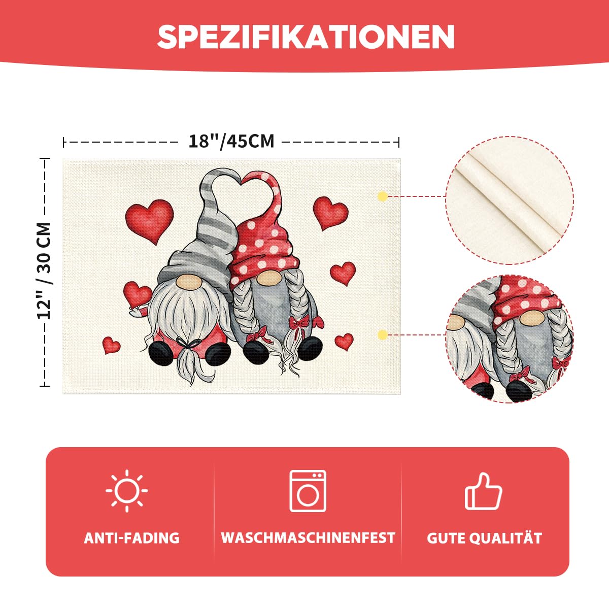 Set 4 Tovagliette Love Herz Gnom | 30x45 Cm | Per San Valentino E Feste | Poliestere Lavabile - Foto 3